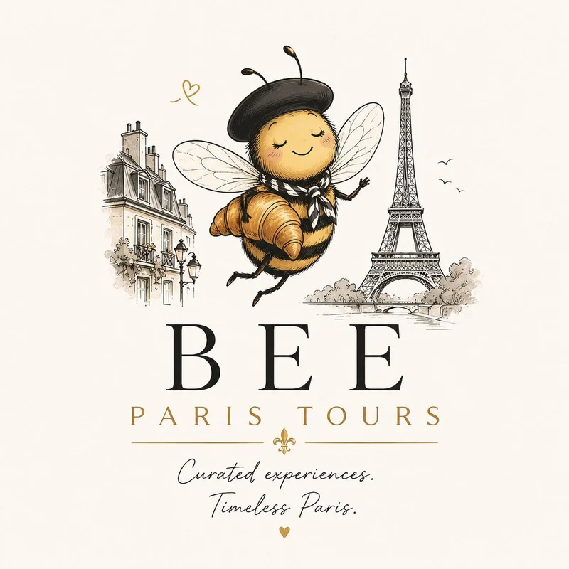 Bee Paris Tours logo: a bee in a beret carrying a croissant, next to the Eiffel Tower