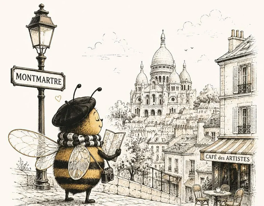 Illustration of the Bee Paris bee with a map in Montmartre, the Sacré-Cœur in the background
