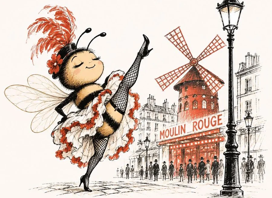 Illustration of the Bee Paris bee dancing the cancan in front of the Moulin Rouge
